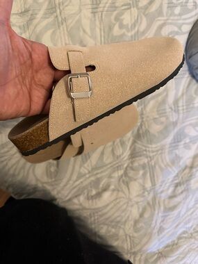 Suede Buckle Clog Slide in Beige